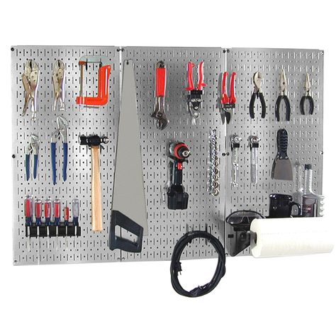 The Metal Pegboard Basic Workbench Tool Storage Organizer Kit offers maximum tool board storage versatility and strength. The three 16in x 32in Galvanized steel pegboard panels combine for a total tool storage area of 48in x 32in, or over 10 sq. ft. of pegboard storage space. These attractive Metal Pegboard Panels are great for heavy duty toolboard storage needs due to their 20 gauge steel construction, making them over 10 times stronger than conventional pegboard, and creating an industrial gra Garage Hardware, Steel Pegboard, Pegboard Storage, Metal Pegboard, Pegboard Organization, Tool Board, Hardware Storage, Pegboard Accessories, Board Storage