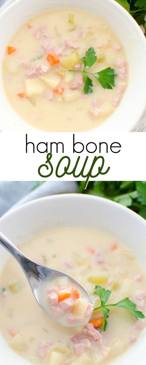 This recipe for ham bone soup is a great way to use up leftover ham: creamy and loaded with ham, potatoes and veggies! Ham Bone Keto Recipes, Ham Soup Recipes Bones, Leftover Ham Bone Recipes Crockpot, Uses For Ham Bone, Ham And Potato Soup With Ham Bone, Creamy Ham Bone Soup Recipes, Ham Bone Recipes Crockpot, Ham Bone Soup Recipes Potatoes, Keto Ham Bone Soup Recipes