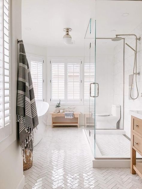 Master bath with White Porcelain Herringbone Pattern Floor Tiles - Transitional - Bathroom White Herringbone Bathroom Floor, Herringbone Tile Floor Bathroom, Herringbone Floor Bathroom, Chevron Tile Bathroom, White Herringbone Tile Floor, Herringbone Bathroom Tile, Herringbone Shower Floor, Herringbone Bathroom Floor, Herringbone Tile Bathroom