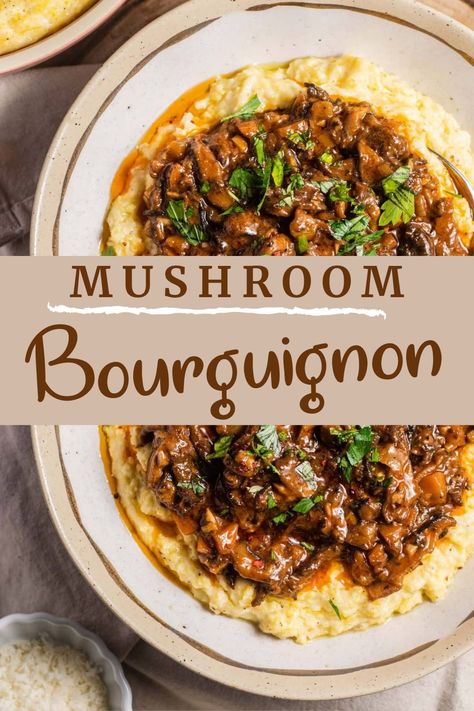 This is my favorite mushroom bourguignon recipe, full of rich and hearty flavor. Mushrooms pan-sear until deeply browned, then simmer in a delicious broth of aromatics and red wine. It's an incredibly comforting and tasty stew ideal for a cozy date night or dinner party. Brown Mushrooms Recipes, Burgundy Mushroom Soup, Red Wine Meals, Monday Night Dinner Ideas Healthy, Red Wine Dinner Recipes, Wine Cap Mushroom Recipes, Vegan Date Night Recipes, Menstrual Syncing, Mushroom Stew Recipes