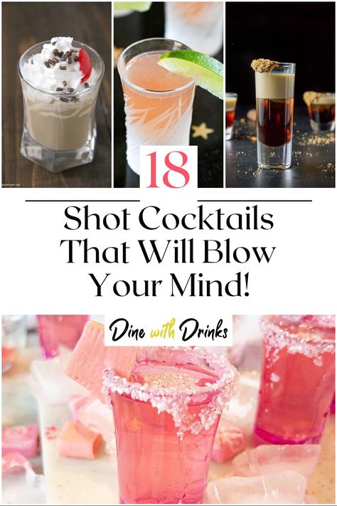 Collage of 4 shot cocktails. Creative Alcoholic Shots, Mixed Drink Shots, Mini Bottle Cocktails, Carrot Cake Shots, Shots That Taste Good, 40th Birthday Shots, Unique Shots Alcohol, Nye Shots Cocktail Recipes, Cocktail Party Setup Ideas