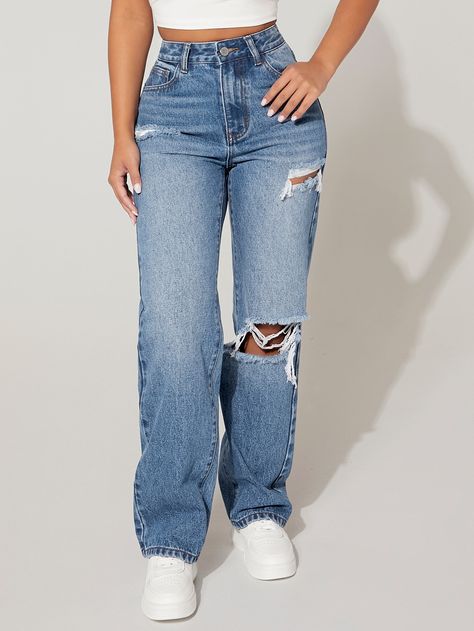 Medium Wash  Collar  Denim Plain Straight Leg Embellished Non-Stretch  Women Clothing Ripped Straight Leg Jeans, Youtuber Dr, Casual Denim Jeans, Denim Baby, Jean Bleu, Straight Cut Jeans, Lined Jeans, Traje Casual, Jeans Casual