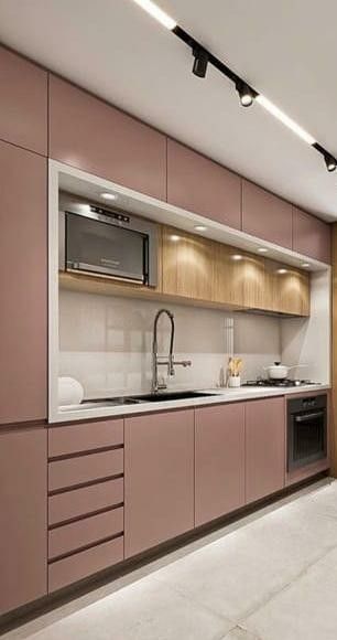 Rose Pink Kitchen Cabinets, Pink Kitchen Cabinets, Parallel Kitchen Design, Kitchen Unit Designs, Kitchen Wardrobe Design, Kitchen Colour Combination, Kitchen Cabinetry Design, Simple Kitchen Design, Kitchen Modular