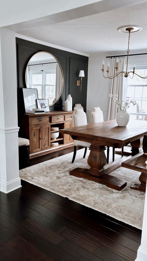 Dark Kitchen Dining Room, Accent Wall With Built In Shelves, 3 Wall Dining Room, Front Dining Room Entryway, Dining Room Transitional Decor, Large Dining Room Ideas, Dining Room Sideboard Styling, Dining Room Wall Ideas, Long Dining Room