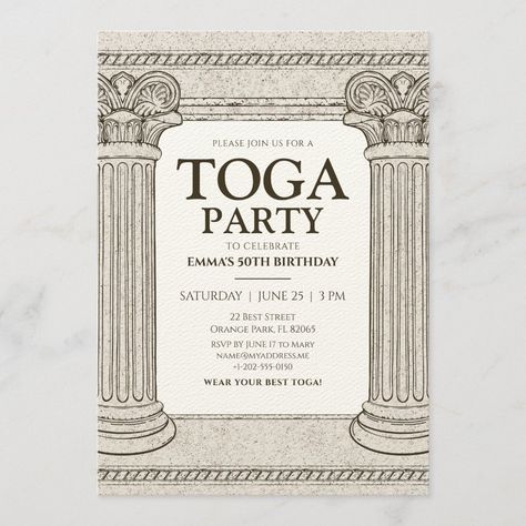 Toga Party Invitations, Greek Mythology Invitation, Greek Invitations Ideas, Greek Party Invitations, Greek Invitation, Roman Party, Prom Tickets, Graffiti Books, Sweet 15 Party Ideas Quinceanera