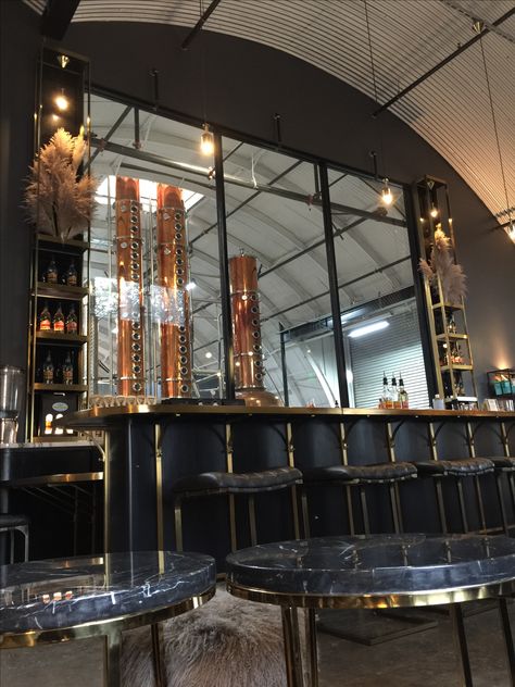 Blinking Owl Distillery bar design Gin Distillery Interior, Distillery Interior Design, Distillery Bar, Distillery Design, Taproom Ideas, Brewery Ideas, Gin Distillery, Visual Merchandising Displays, Local Brewery