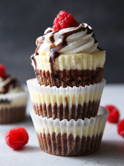 Fudgy brownies meets creamy cheesecake in these fun individual treats! Brownie Cheesecake Cupcakes, Mini Brownie Cheesecake Bites, Mini Brownie Cheesecake, Brownie Cheesecake Cups, Brownie Cheesecake Bites, Individual Cheesecake, Brownie Cheesecake Recipe, Individual Treats, Mini Cheesecake Cupcakes