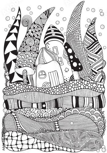 Stock Image: Pattern for adult coloring book with artistically houses, Xmas trees and snow. Magic City, fields, trees, landscape. Ink pen. Zentangle. Black and white pattern in vector. Snow Magic, Present Drawing, Tree Doodle, Door Mural, Zen Doodle Patterns, Trees Landscape, Zen Doodle Art, Abstract Pattern Design, City Drawing