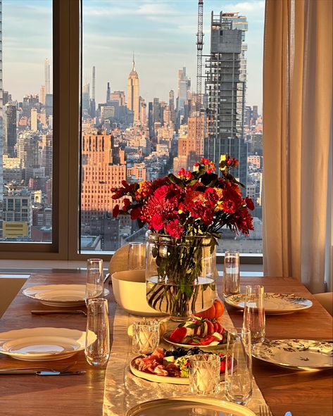 #newyorkcity #nyc #view Nyc View, Apartment View, Apartment Decor Inspiration, Nyc Apartment, Large Windows, Apartment Decor, Decor Inspiration, Dining Room, Dining Table