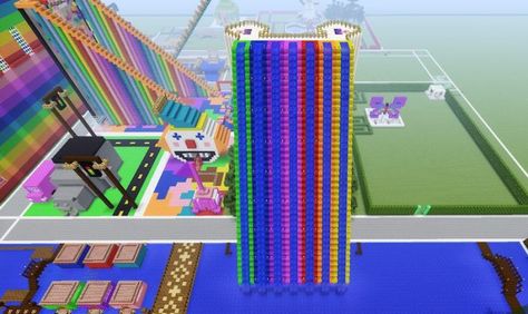 Minecraft Roller Coaster Ideas Easy, Cute Minecraft Rollercoaster, Minecraft Theme Park Ideas, Minecraft Amusement Park Entrance, Minecraft Candyland, Minecraft Tunnel, Minecraft Amusement Park, Minecraft Rides, Disney Minecraft