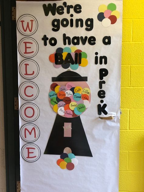 We’re going to have a ball in Pre-K Pre K Back To School Door Ideas, Pre K Door Decorations Back To School, Welcome Back Doors For School, Welcome To Prek Classroom Door, Pre K Door, Pre K Door Decorations, Grade 1 Door Decoration, Balls Theme Preschool Bulletin Boards, Welcome Preschool Door