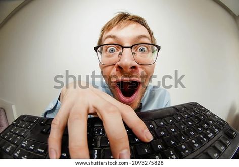 Fisheye Portrait Crazy Nerd Glasses Typing Stock Photo 2093275828 | Shutterstock Pushing Up Glasses Reference, Fisheye Portrait, Funny Bases, Friendship Forever, Stock Photos Funny, Nerd Glasses, Book Illustration Art, Carpet Looks, Character Poses