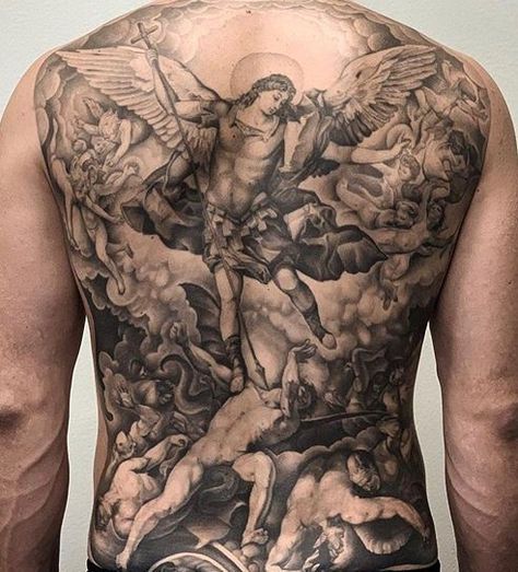 Back Tattoo Angel, Christus Tattoo, St Michael Tattoo, Catholic Tattoos, Backpiece Tattoo, Archangel Tattoo, Torso Tattoos, Realistic Tattoo Sleeve, Back Piece Tattoo