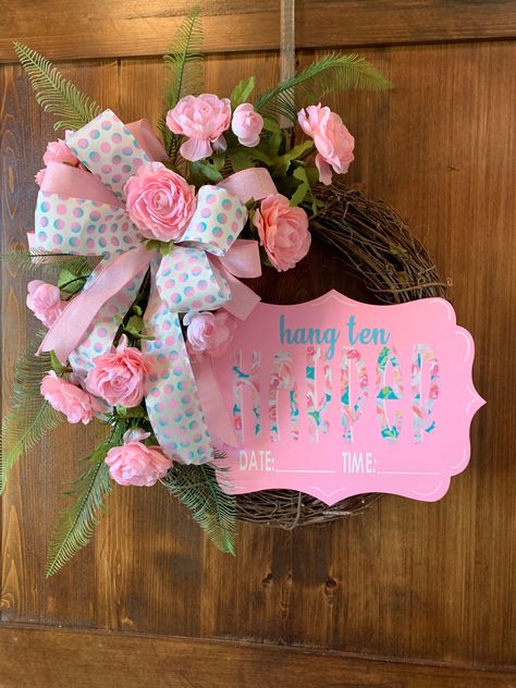 "Welcome baby girl with a baby announcement wreath perfect for the hospital door or baby shower!  Hand painted sign with Baby's name can be filled in with date & time stats.   A pretty in pink bow is tucked into a grapevine base. Want to change out the colors? Message me and I can work to match your color scheme or nursery decor!  PLEASE MESSAGE ME: Baby Name, color changes, ribbon changes or if want to add stuffed animal to the wreath/ order. (Ribbons are based on availability and patterns may Its A Girl Wreath, New Baby Wreath, Baby Girl Wreath, Hospital Door Wreaths, Baby Stats Sign, Baby Wreaths, Welcome Baby Girl, Double Door Wreaths