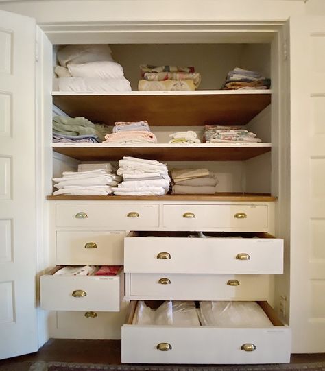 Organize a Linen Closet Sheet Storage Ideas Linen Closets, Closet Transformation Ideas, Organize A Linen Closet, Vintage Inspired Bedroom, Closet Transformation, Sheet Storage, Organizing Linens, Shared Closet, Closet Renovation