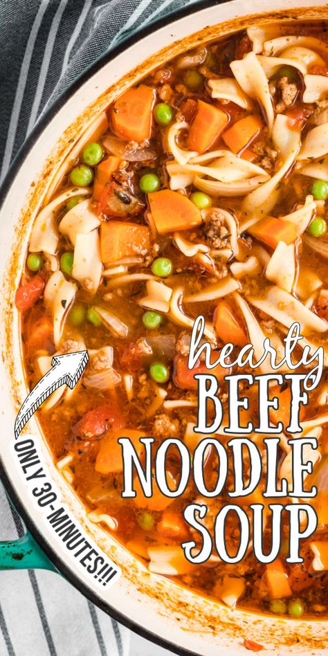 A pot of soup with noodles, ground beef, carrots and peas in a broth. Vegetable Beef Noodle Soup Recipes, Ground Beef Noodle Soup Recipes, Vegetable Noodle Soup, Beef Soup Recipes, Soup With Ground Beef, Beef Noodle Soup, Homemade Soup Recipe, Vegetable Beef Soup, Vegetable Soup Recipes