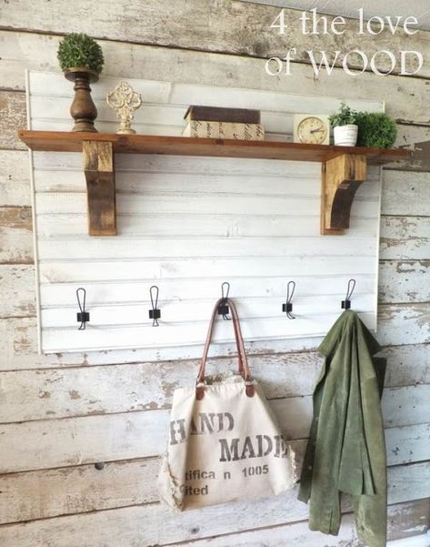 Farmhouse Coat Rack Entrance, Wall Coat Rack Ideas, Wall Coat Rack Ideas Entryway, Shiplap Coat Rack, Entryway Shiplap, Coat Rack Ideas, Farmhouse Coat Rack, Wood Shiplap, Cheap Beach Decor