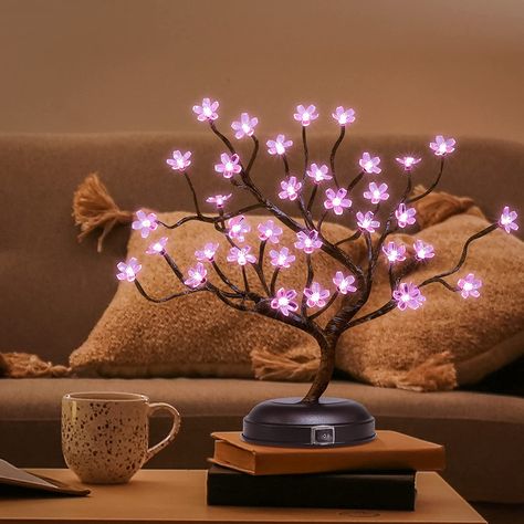 This is absolutely precious! 🌸 Cherry Blossom Bonsai, Christmas Night Light, Cherry Blossom Petals, Tree Centerpieces, Candle Shades, Tree Lamp, Tree Light, Japanese Decor, Led Fairy Lights