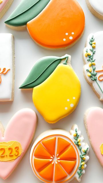 Fruit Sugar Cookies, Wedding Shower Cookies, Bridal Cookies, Citrus Baby, Fruit Cookies, Orange Cookies, Cookie Decorating Party, Lemon Sugar Cookies, Bridal Shower Cookies