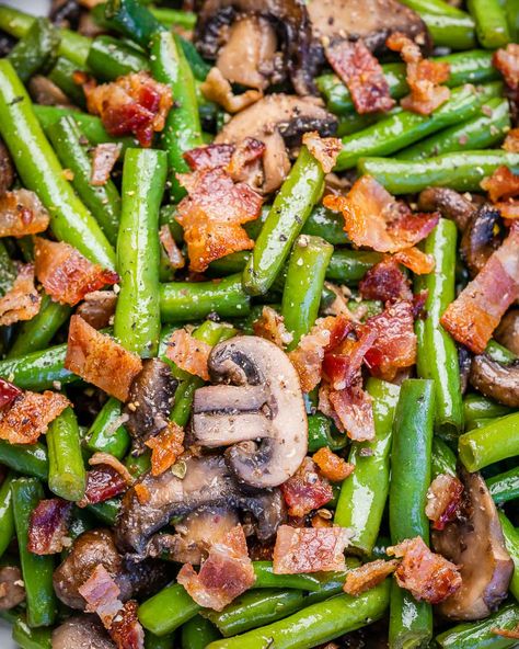 Green Beans with Bacon and Fresh Mushrooms Green Beans With Bacon And Onion, Green Beans And Mushrooms Recipe, Frozen Green Beans With Bacon, Food Prep Meals, Green Beans With Mushrooms, Green Beans And Bacon, Bacon Green Beans, Weekly Food Prep, Green Beans And Mushrooms