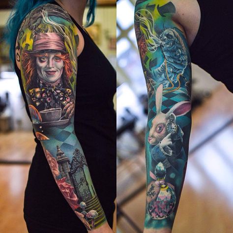 Tattoo artist Martin Sjöberg, color and black&grey authors surrealistic realistic tattoo | Sweden Alice In Wonderland Tattoo Sleeve, Surrealism Tattoo, Tim Burton Tattoo, Disney Sleeve Tattoos, Alice And Wonderland Tattoos, Surreal Tattoo, Full Sleeve Tattoo Design, Wonderland Tattoo, Geniale Tattoos