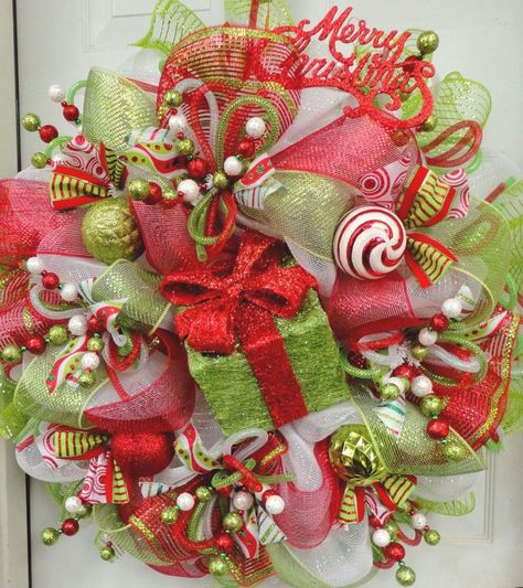 HuGE -- LIMItED Edition - RAZ Deco Mesh Christmas Wreath - Red and Lime Green… Deco Mesh Christmas Wreath, Mesh Christmas Wreath, Deco Mesh Wreaths Tutorials, Mesh Wreath Tutorial, Whimsical Wreaths, Deco Mesh Christmas Wreaths, Deco Mesh Ribbon, Christmas Mesh Wreaths, Christmas Decoration Ideas