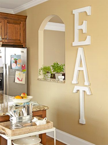 This would be really cute on our empty wall in the kitchen. Maybe I can find the letters at Hobby Lobby? Yellow Kitchen Walls, Paint For Kitchen Walls, Kitchen Walls, Kitchen Wall Colors, Yellow Kitchen, Kitchen Decorating, Kitchen Redo, Trendy Kitchen, Kitchen Paint