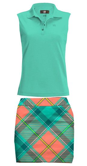 Loudmouth Golf Ladies & Plus Size Outfits (Shirt & Skort) - Pebble Peach & Aqua Sport Fashion Style, Cute Golf Outfit, Golf Ladies, Summer Golf, Golf Outing, Golf Clothes, Womens Golf Fashion, Girls Golf, Golf Attire