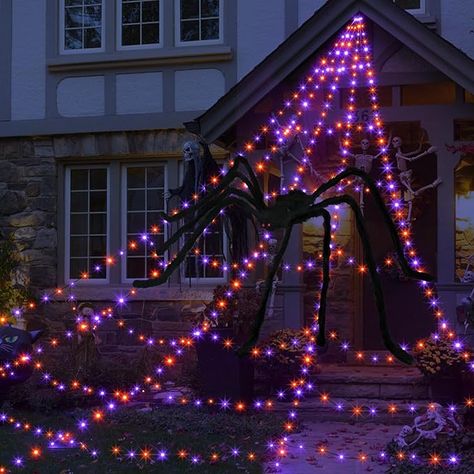 Halloween Spider Web Lights Decoration 455LED Spider Webs Halloween Decorations Outdoor with 59" Large Spider & 3.53oz Stretch Cobweb 16.4Ft Light Up Giant Spider Web (Purple & Orange) Spider Web Halloween Decorations, Halloween Lighting Outdoor, Large Spiders, Halloween Web, Creepy Spider, Giant Spider, Halloween Spider Web, Halloween Lights, Up Halloween