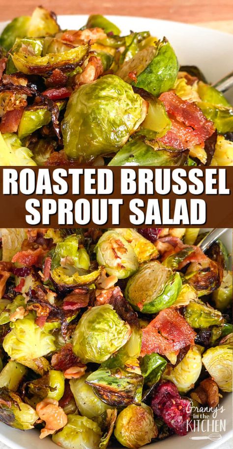 Brussel Sprout Salad With Cranberries, Roasted Brussel Sprout Salad, Brussel Sprouts Bacon, Brussel Sprout Salad Recipes, Salad With Cranberries, Roasted Vegetable Salad, Sprout Salad, Fresh Salad Recipes, Sprouts Salad