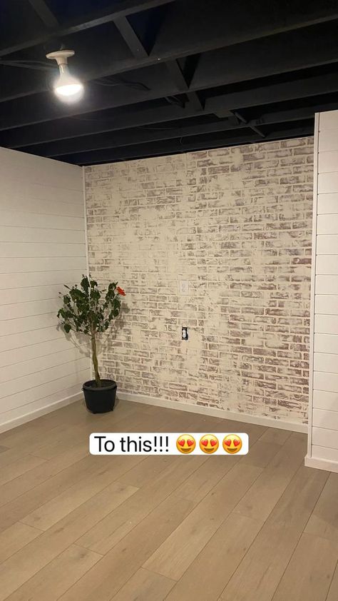 Easy DIY faux brick accent wall using panels! Upgrade your space easy and inexpensive! | Pinterest Faux Brick Accent Wall, Cheap Basement Remodel, Basement Decoration, Brick Accent Wall, Dream Basement, Cinder Block Walls, Basement Remodel Diy, Basement Inspiration, Faux Brick Walls