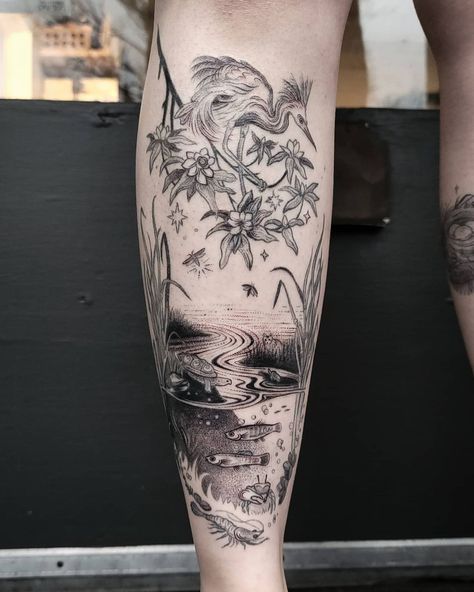 Ruby Lee on Instagram: “2+ years healed! Just touched up this coastal marsh scene for Audrey. Its always fun revisiting old work and seeing how my style/technique…” Marshland Tattoo, Marsh Tattoo Ideas, Tattoo Collection Sleeve, River Scene Tattoo, Garden Scene Tattoo, Scenery Tattoo Women, Ocean Landscape Tattoo, Pond Tattoo Sleeve, Swamp Tattoo Sleeve