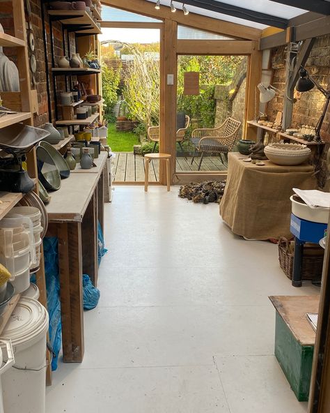 The pottery is open today for the last day of @poseportsmouth open studios event. It’s been such a lovely couple of days welcoming people into the studio and chatting pottery and workshops. Come and see us today. I’m here all day with @folk_art_mother 🍃 In Home Pottery Studio, Backyard Pottery Studio, Home Pottery Studio Setup, At Home Pottery Studio, Pottery Studio Aesthetic, Pottery Studio Setup, Pottery Room, Clay Workshop, Studio Aesthetic