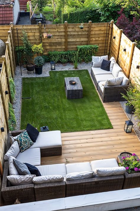 small yard design with deck, sofa, grass and stone garden bed Ground Deck, Patio Ideas Townhouse, Backyard Seating Area, Modern Backyard Landscaping, Backyard Renovations, Backyard Remodel, Modern Backyard, Small Yard, Outdoor Gardens Design