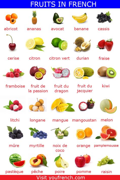 Learn vocabulary about fruits, vegetables and herbs in French. Listen to our 90+ audio files and practice your pronunciation ! #FrenchVocabulary #FruitsInFrench #FrenchBeginner Foods In French, French Vocabulary Lists, Fruits In French, French Vocabulary Food, Name Of Fruits In English, France Vocabulary, French Vocabulary Flashcards, Ordering Food In French, Food In French