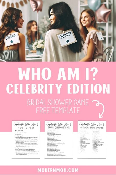 Learn everything about the Who Am I bridal shower game – Celebrity Edition! This version is perfect for the bride who loves famous celebrities. Discover what you need and how to play this fun and engaging game, and ensure your bridal shower party is a hit. Download your Who Am I bridal shower game free printable today! Maid Of Honor Responsibilities, Printable Bridal Shower Games, Bridal Shower Game, Who Am I, The Who, Wedding Games, Bridal Shower Party, Bridal Shower Games, Famous Celebrities