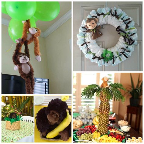 Monkey Baby Shower Ideas, Cheap Baby Shower Decorations, Baby Shower Monkey Theme, Umbrella Baby Shower, Safari Baby Shower Decorations, Baby Shower Party Planning, Monkey Birthday Parties, Monkey Decorations, Monkey Baby Shower