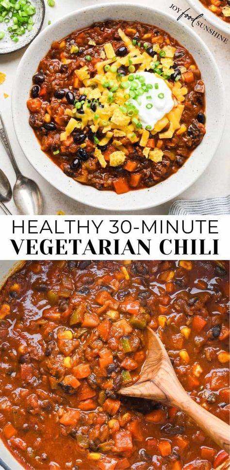 This vegetarian chili recipe is easy to make in 30 minutes on the stovetop. It’s loaded with veggies and perfectly seasoned with a homemade spice mixture. It's a healthy, hearty and cozy meal. Chilli Recipe Vegetarian, Easy Vegetarian Chili, Easy Vegetarian Chili Recipe, Chili Recipe Stovetop, Vegetarian Chili Easy, Vegan Chili Recipe, Vegetarian Chili Recipe, Veggie Chili, Chili Recipe Crockpot