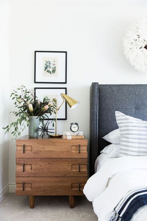 How to decorate around a bed. Option: hang stacked art above a nightstand (Design: Studio McGee). // coastal modern bedroom, gray headboard, three drawer chest nightstand Bohemian Bedrooms, Master Room, Bohemian Bedroom, Remodel Bedroom, Bedroom Styles, Home Fashion, Dexter, Country Living, Guest Bedroom