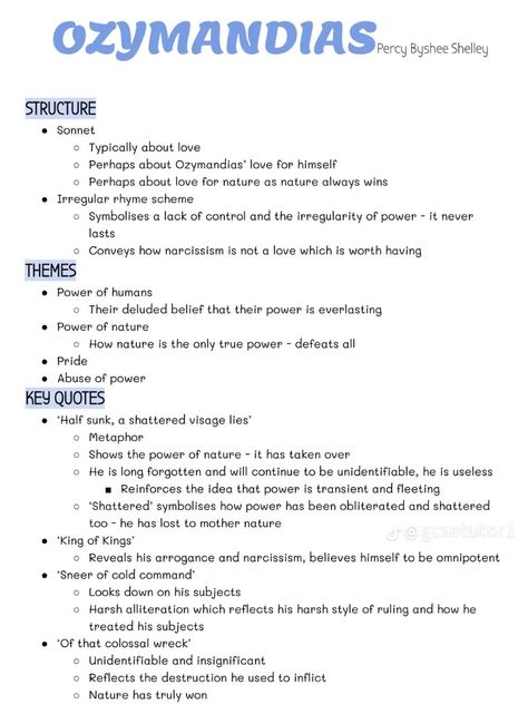 Ozymandias Poem Analysis Grade 9, Ozymandias Poem Analysis, Power And Conflict Poetry Revision, Ozymandias Poem, Gcse Tips, Poetry Revision, English Literature Poems, Gcse Poems, Revision Ideas