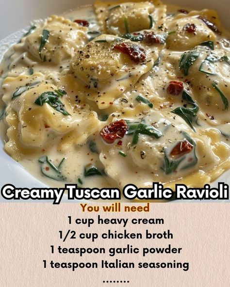 Creamy Tuscan Garlic Ravioli 🍝🧄... - Recipes Gourmand Pantry Creamy Ravioli, February Quotes, Garlic Spinach, Ravioli Recipe, Cheese Ravioli, Pasta Pasta, Rice Pasta, Chopped Spinach, Sun Dried Tomatoes