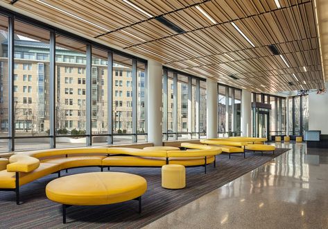 Lobby at the new MassArt Student Residence Hall designed by architecture and design firm ADD Inc in Boston Lucy Chen, Student Residence, Student Lounge, Interior Design Colleges, Lobby Seating, Residence Hall, Architecture Landmark, Student House, Office Layout