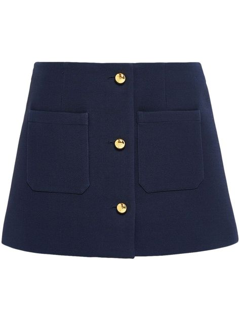 navy blue wool-silk blend tricotine A-line gold-tone buttons front button fastening two front patch pockets thigh-length straight hem Navy Blue Clothes, Celine Skirt, Prada Clothes, School Skirt, Navy Blue Skirt, Outfit Png, Navy Skirts, Prep Style, Skirt With Buttons