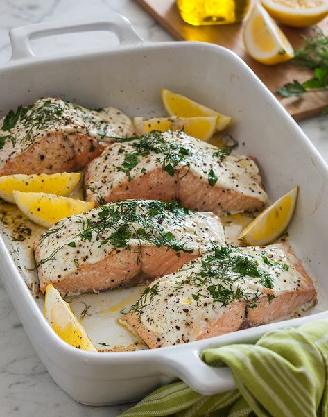 Ready in only 30 minutes, this Salmon Ranch Broil, seasoned with ranch seasoning, dill, and lemon, is a simple weeknight dinner that will please the whole family. For a complete meal, we recommend serving this tasty fish with your favorite kind of rice and a side salad! Hidden Valley Ranch Recipes, Hidden Valley Recipes, Broiled Salmon, Hidden Valley Ranch, Ranch Recipe, Paleo Lunch, Hidden Valley, Ranch Seasoning, Salad Dressing Recipes