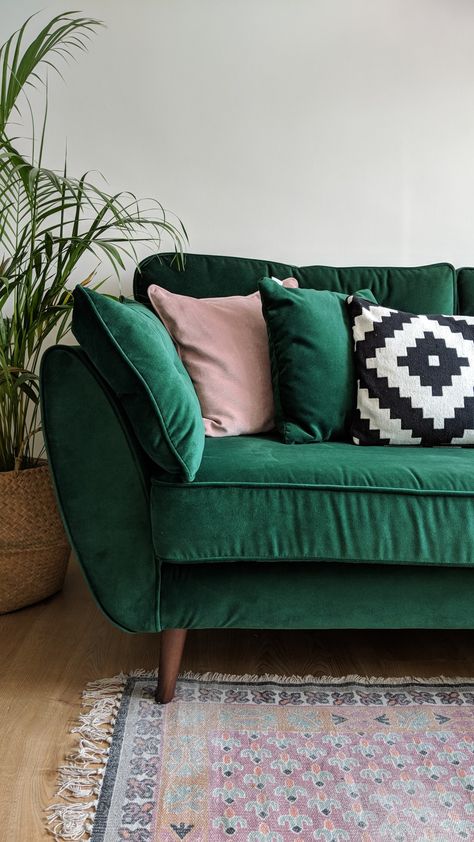 Zinc DFS Sofa in Velvet green teamed with French Connection pink rug. A homely mid century modern living room. Mid Century Living Room Decor, Green Living Room Decor, Dfs Sofa, Green Couch, French Country Living Room, Green Velvet Sofa, Mid Century Living Room, Mid Century Modern Living Room, Green Sofa