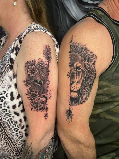 Half Lion Tattoo For Women, Lion And Lioness Tattoo, Lioness Tattoo Design, King Queen Tattoo, Couple Tat, Lion Lioness, Lion Couple, Matching Tats, Lioness Tattoo