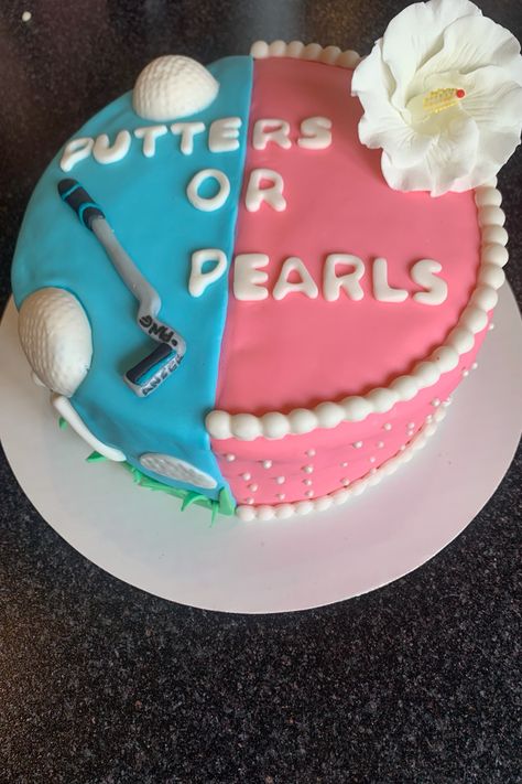 Putters or pearls golf cake, gender reveal cake Putters Or Pearls Gender Reveal Cake, Golf Gender Reveal Cake, Golf Gender Reveal Party, Golf Themed Gender Reveal, Putters Or Pearls Gender Reveal, Putters Or Pearls, Golf Gender Reveal, Baby Reveal Cakes, Gender Reveal Signs