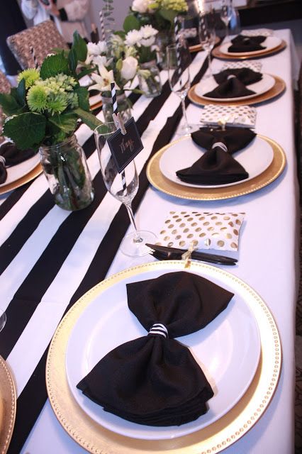 Black White Gold Party Table, Centerpiece Riser Ideas, Black And White Dinner Party, Black Napkins, 50th Party, 70th Birthday Parties, 60th Birthday Party, 40th Birthday Parties, Gold Party