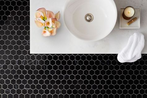 Sophisticated bathroom with black marble hexagon mosaic on floor. Shop Tile, Sophisticated Bathroom, Tiles For Bathroom, Black Tile, Tiles For Wall, Mosaic Floor Tile, Suite Bathroom, Porcelain Wall Tile, The Tile Shop