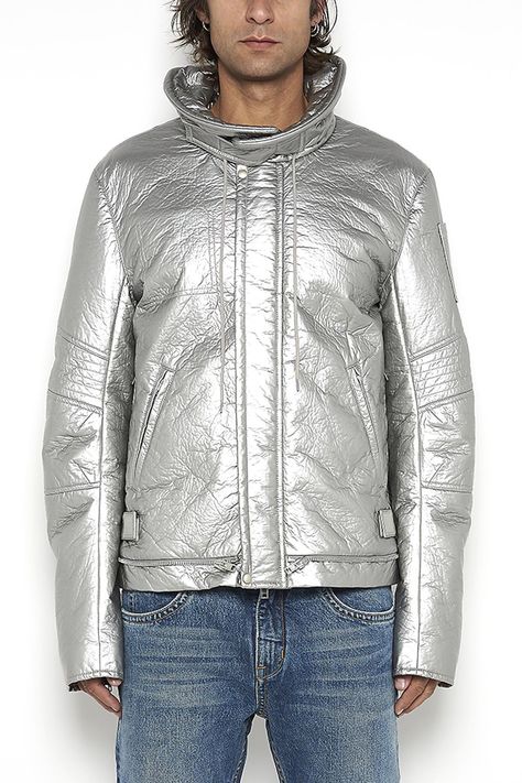 HELMUT LANG H07RM401B0K. #helmutlang #cloth Silver Jacket, Metallic Foil, Barneys New York, Helmut Lang, Padded Jacket, Moto Jacket, Bags Accessories, Stand Collar, Vest Jacket